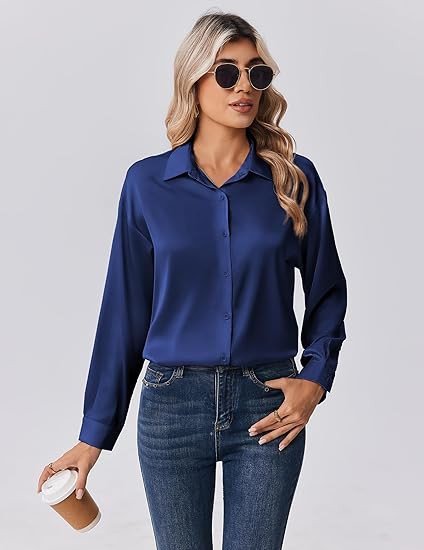 Womens Tops Long Sleeve Satin Silk