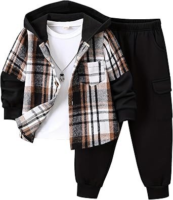 2Pcs Kids Boys Flannel Plaid Shirt Tops Pants Set