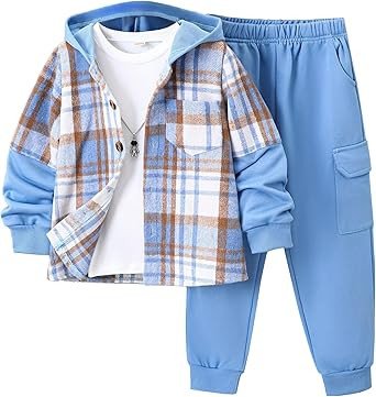 2Pcs Kids Boys Flannel Plaid Shirt Tops Pants Set